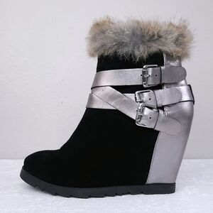 UKIES Hidden Wedge Buckle Booties Rabbit Fur Trim Heeled Ankle Boots